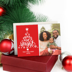 Modern Red Merry & Bright Custom Photo Holiday Card