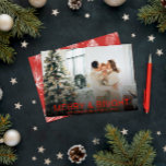 Modern Red Merry & Bright Stylish Christmas Photo Holiday Card<br><div class="desc">A very unique and elegant stylish minimalist and modern script Christmas card. Which features a minimalist customizable full family photo. With white informal whimsical calligraphy of happy holidays. And under it the family name and years which can be both changed by clicking on the personalized button. And in the back...</div>