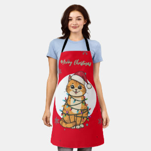 Modern red merry cat snowflake Christmas kitten Apron