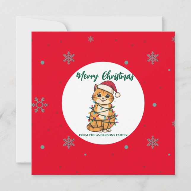modern red merry cat snowflake christmas kitten Ca Holiday Card (Front)