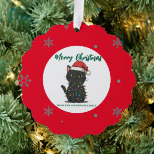 modern red merry cat snowflake christmas kitten Ca Ornament Card