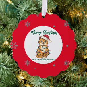 modern red merry cat snowflake christmas kitten Ca Ornament Card
