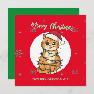 Modern red merry cat snowflake Christmas kitten Holiday Card