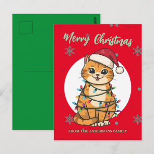 Modern red merry cat snowflake Christmas kitten Postcard