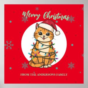 Modern red merry cat snowflake Christmas kitten Poster