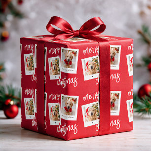 Modern Red Merry Christmas 2 Dog Photo Wrapping Paper