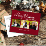 Modern Red Merry Christmas 3 Photo Year Holiday Postcard<br><div class="desc">Create your own modern,  minimalist,  and simple,  yet elegant red 3-photo Christmas holiday greeting postcard with text,  "Merry Christmas with lots of love" Red background is customizable to any colour you want.  Personalize the back with your own special message.</div>
