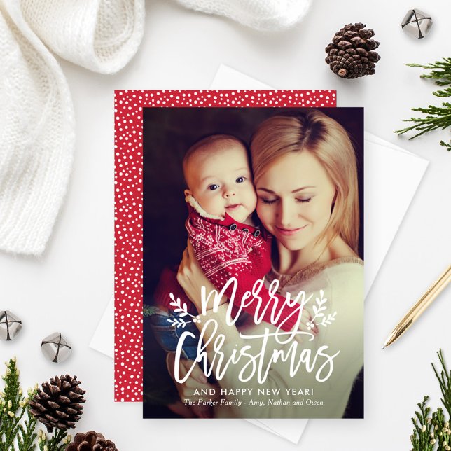 Modern Red Merry Christmas Brushed Script Photo Holiday Card (Creator Uploaded)