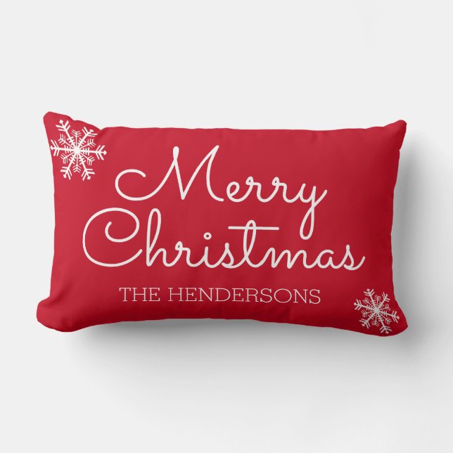 Modern Red Merry Christmas Family Name Snowflake Lumbar Pillow (Front)