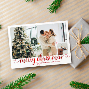 Modern Red Merry Christmas Heart Script Photo Holiday Card