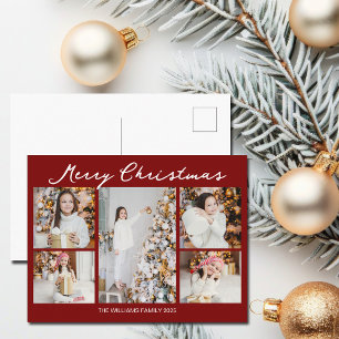 Modern Red Merry Christmas Photo Collage Holiday Postcard