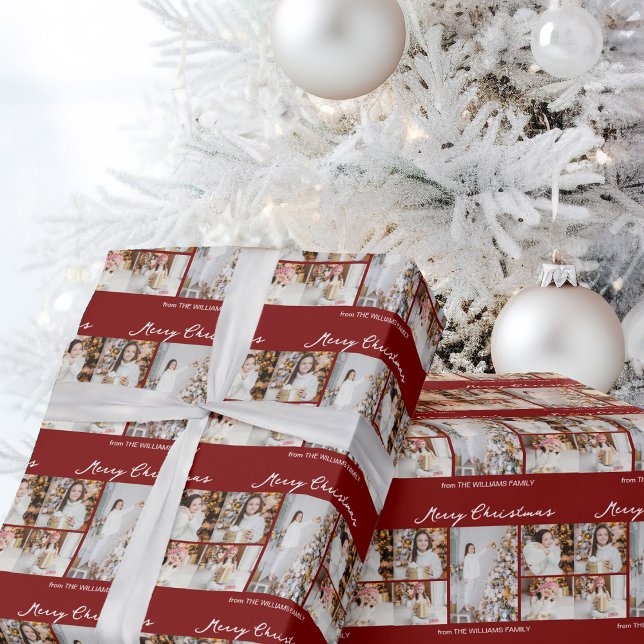 Modern Red Merry Christmas Photo Collage Wrapping Paper (Creator Uploaded)