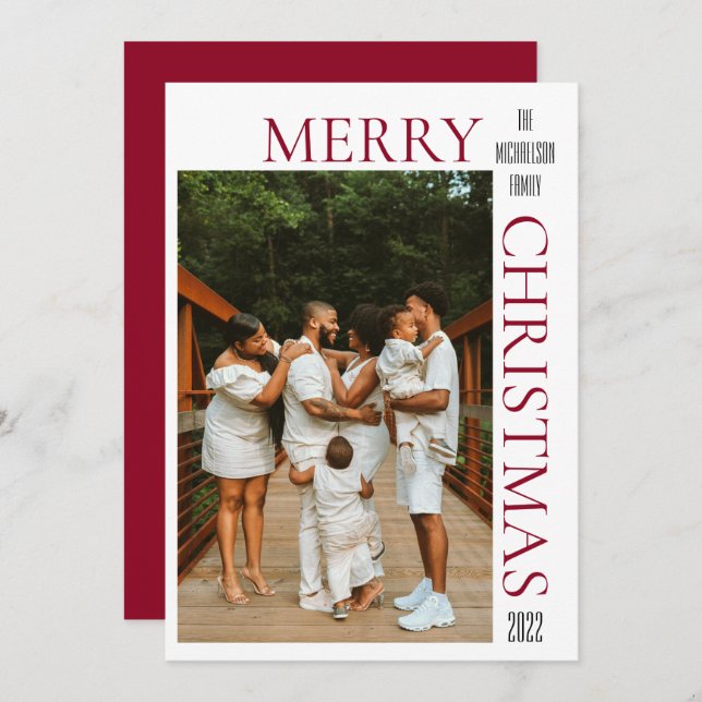 Modern Red Merry Christmas Photo Holiday Card (Front/Back)