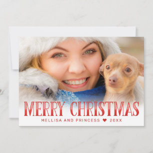 Modern Red Merry Christmas Script Family Photo  Holiday Card