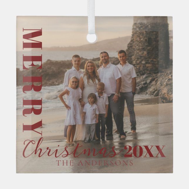 Modern Red Merry Christmas Script Photo Glass Ornament (Front)