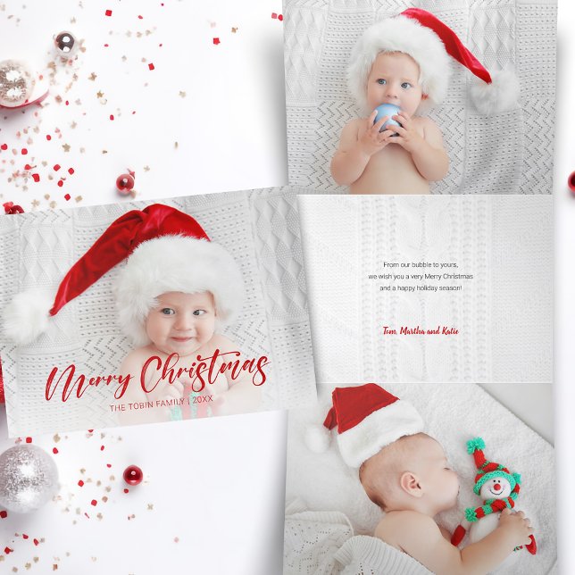 Modern Red Merry Christmas Script Photo Tri-Fold Holiday Card (Creator Uploaded)
