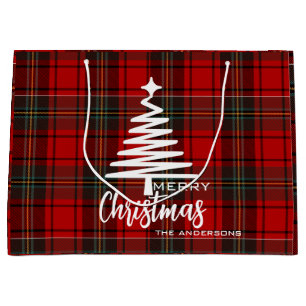 Modern Red Merry Christmas tree script tartan red Large Gift Bag