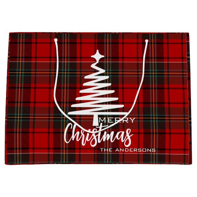 Modern Red Merry Christmas tree script tartan red Large Gift Bag (Front)
