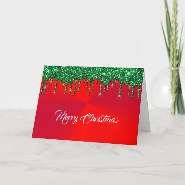 Modern Red Metal Green Glitter Drips Christmas Holiday Card (Front)