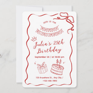Modern Red Minimalist 25th Birthday Party  Invitation