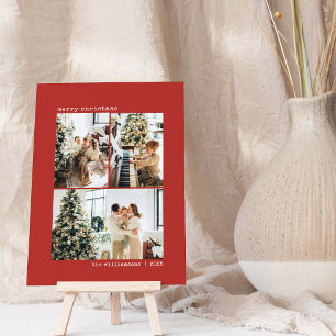 Modern Red Minimalist Three Photo Christmas Holiday Card