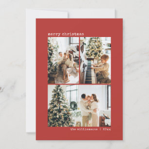Modern Red Minimalist Three Photo Christmas Holiday Card