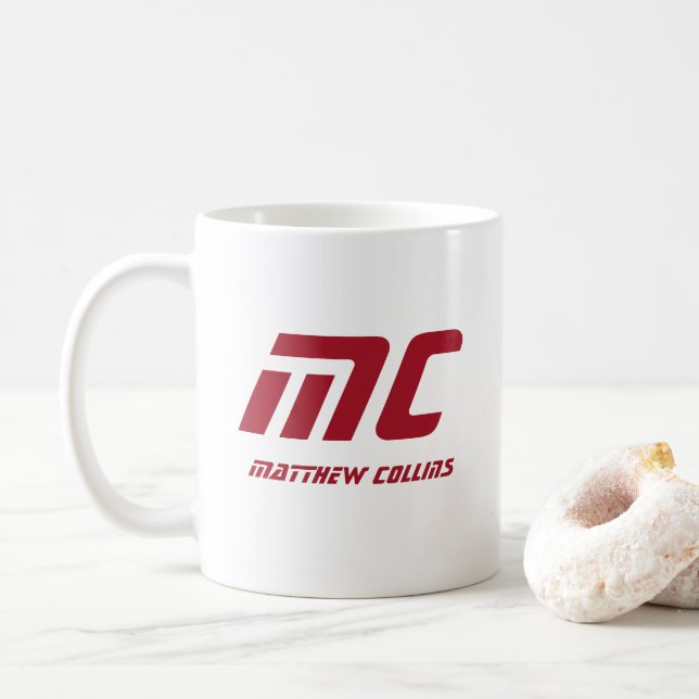 Modern Red Monogram Name Bold Custom for Him Coffee Mug (With Donut)