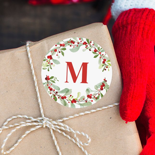 Modern Red Monogram Wreath Berries Christmas Classic Round Sticker (Creator Uploaded)