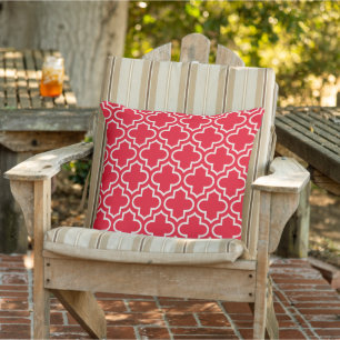 Modern Red Moroccan Quatrefoil Pattern Outdoor Pillow