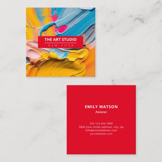 Modern Red Name Artwork Artist Art Studio Square Business Card (Front/Back)