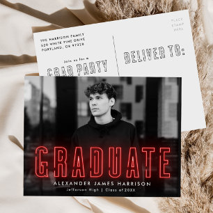 Modern Red Neon Photo Graduation Party Invitation Postcard