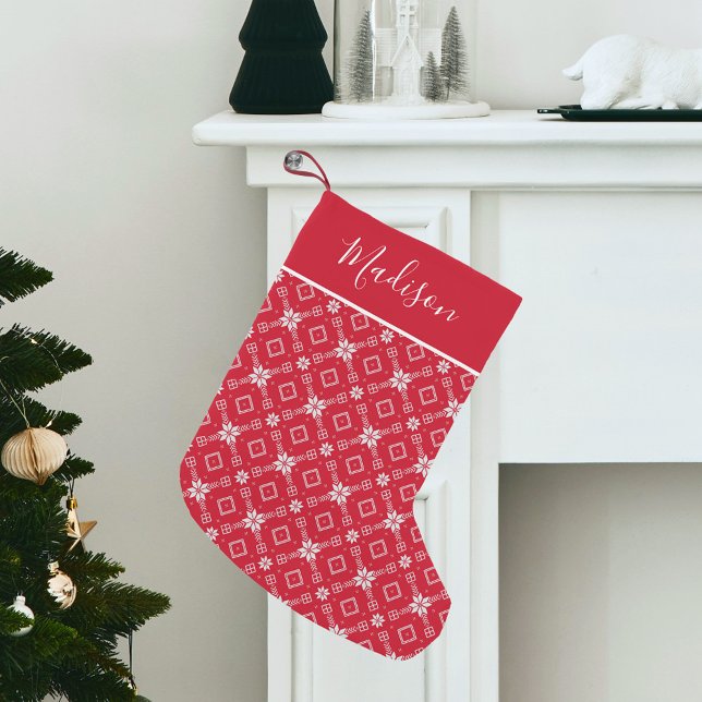 Modern Red Nordic Snowflake Personalized Small Christmas Stocking (Creator Uploaded)