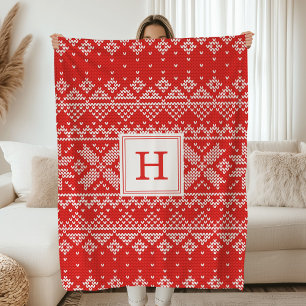 Modern Red Nordic Sweater Knit Monogram Holiday Fleece Blanket