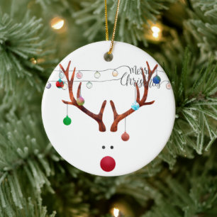 Modern Red Nosed Reindeer Colourful Lights Ceramic Ornament
