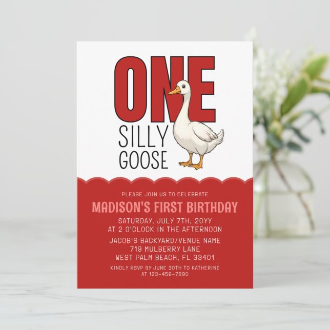 Modern Red One Silly Goose 1st Birthday Party Invitation (Standing Front)