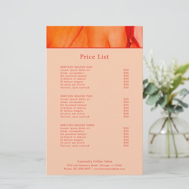 Modern Red Orange Abstract Elegant Price List (Standing Front)