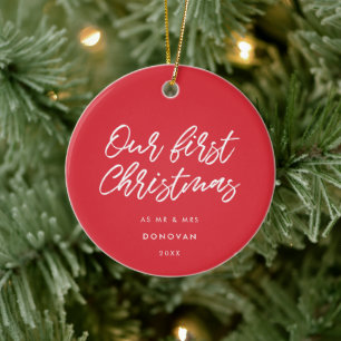 Modern Red Our First Christmas Married Ceramic Ornament