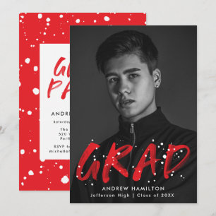Modern Red Paint Splatter Photo Graduation Party Invitation