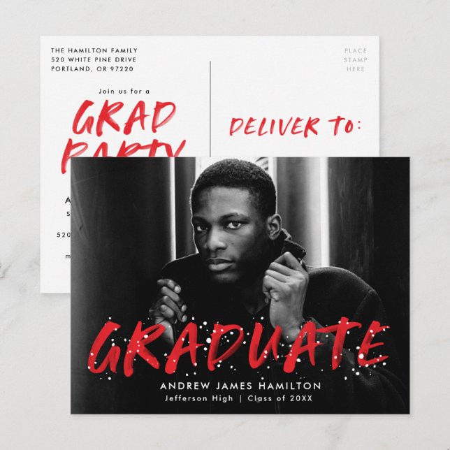 Modern Red Paint Splatter Photo Graduation Party Invitation Postcard (Front/Back)
