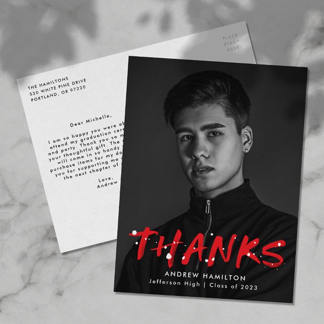 Modern Red Paint Splatter Photo Thank You Postcard (Creator Uploaded)