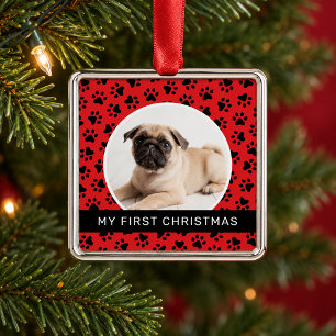 Modern Red Paw Print Puppy First Christmas Photo Metal Ornament