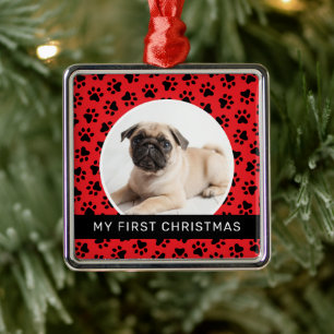 Modern Red Paw Print Puppy First Christmas Photo Metal Ornament