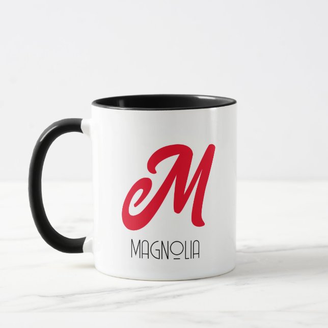 Modern Red Personalized Script Monogram Mug (Left)