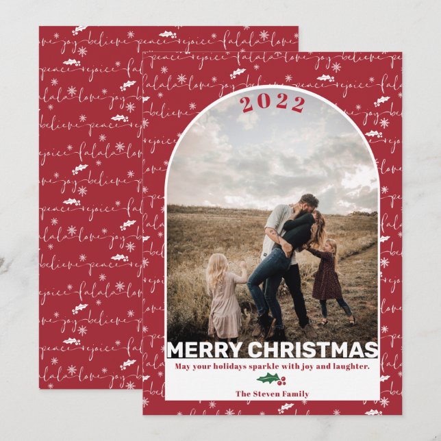 Modern red photo arch Christmas saying pattern Holiday Card (Front/Back)