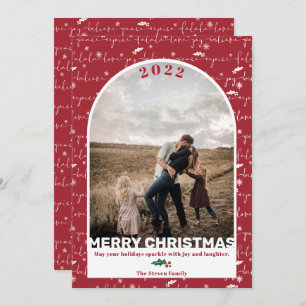 Modern red photo arch Christmas saying pattern Holiday Card