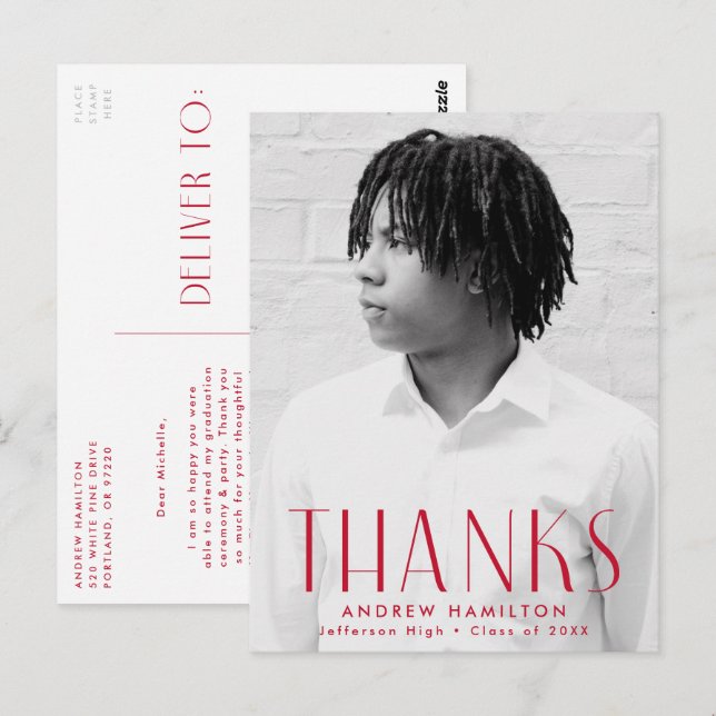 Modern Red Photo Graduation Thank You Postcard (Front/Back)