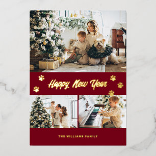 Modern Red Photo Happy New Year Gold Foil Holiday Card