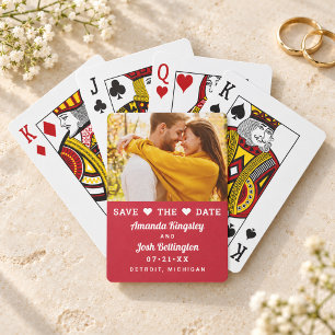 Modern Red Photo Heart Save the Date Playing Cards