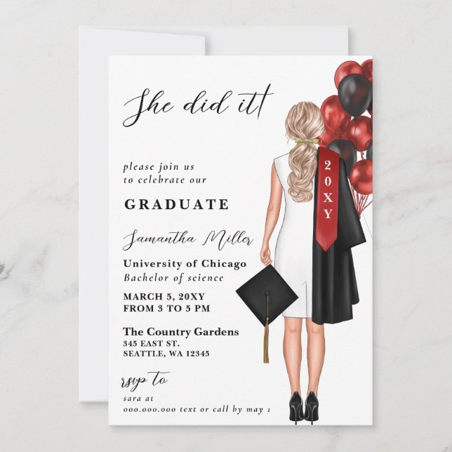 Modern Red Photo She Did It Graduation Invitation (Front)