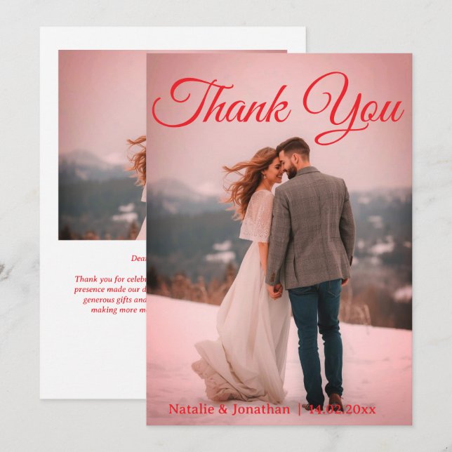 Modern Red  Photo Wedding Thank You Card W Note (Front/Back)